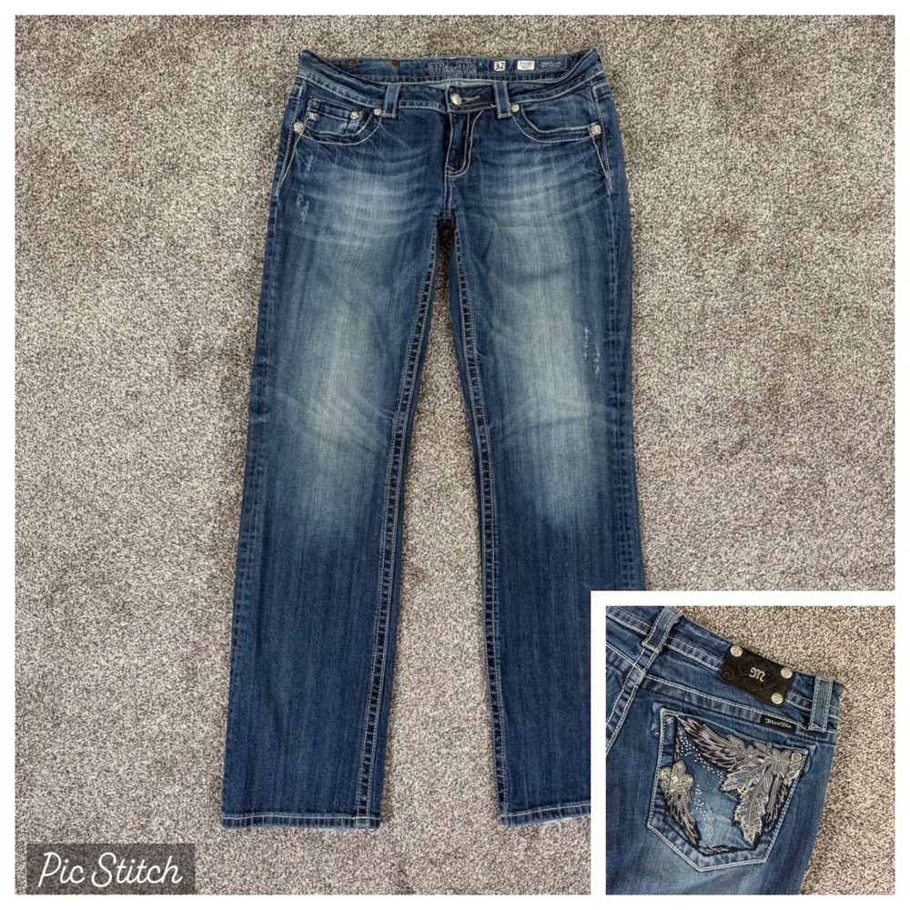 Miss Me Wing Lace Rhinestone Bootcut Jeans Dark Wash Denim Womens 32 Western